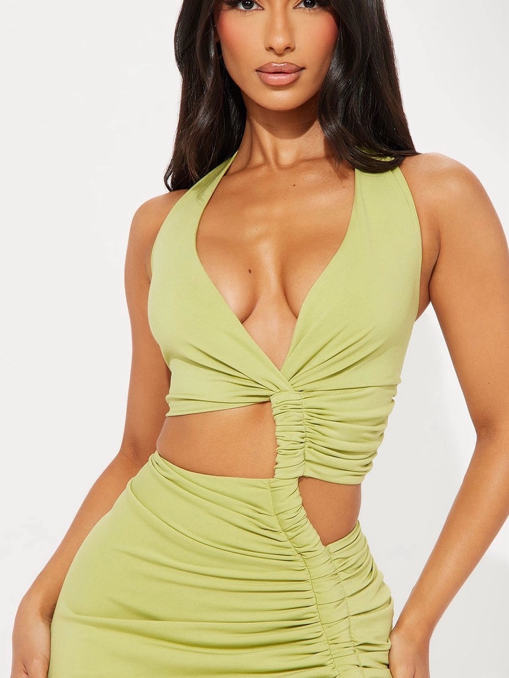 Fashion Nova Lime Green Ruched Cutout Maxi Dress